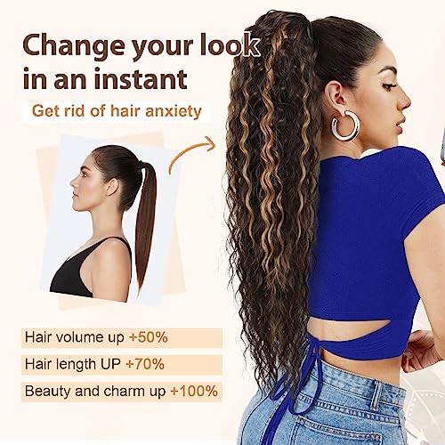 Flufymooz Ponytail Extension, 26 Inch Bohemian Style Drawstring Ponytail Hair Extensions for Women, Long Curly Wavy Pony Tail Natural Synthetic Hairpiece for Women (26 Inch Natural Black)
