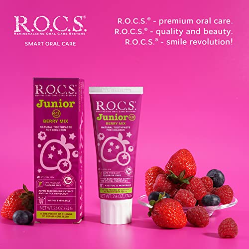 R.O.C.S. Junior Toothpaste - Enamel Whitening Teeth Gum Protection - for Children 6-12 Years Old - Safe to Swallow - Natural, No Fluoride or Sulfate (Berry Mix, Pack of 1)