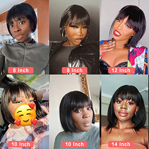 Rebasar Short Bob Wigs Human Hair 8 Inch Glueless Wear and Go Bob Wig With Bangs Human Hair Wigs for Black Women Brazilian Straight Hair No Lace Front Natural Black Wig