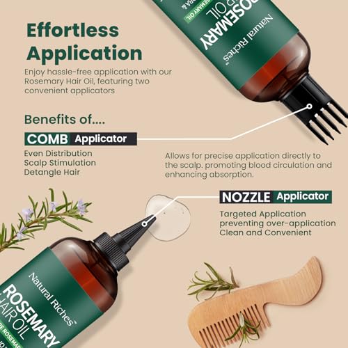Natural Riches 100% Pure Premium Rosemary Oil For Hair Growth Infused With Biotin & Vitamin E Jojoba & Castor Oil Hair Strengthening Treatment | Nourishing & Volumizing | Non GMO Verified 8 Fl oz.