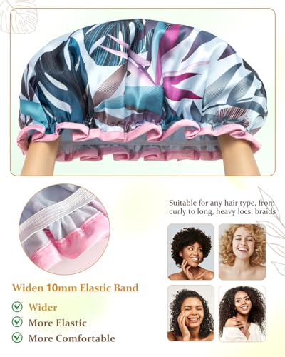 mikimini Large Shower Cap for Women Reusable Waterproof, Adjustable Hair Cap for Shower with Double Layers, Tropic Style Hair Cover for Shower suit for Long Hair, Braids, 2 Pieces