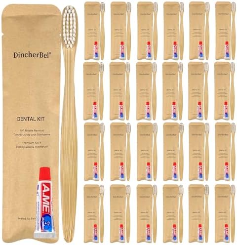 Bamboo Toothbrushes Kit Bulk, Disposable Toothbrushes with Toothpaste(6g), Individually Wrapped Toiletries Amenities for Hotel, Airbnb, Homeless, Shelter, Camping and Travel (50 Pack)