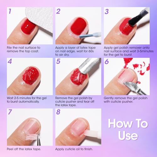 Gellen Gel Polish Remover Kit for Nails, Gel Nail Polish Remover 3-5 Minutes Removal, Pink Liquid Latex Tape Easy to Peel Off, with Manicure Tools, Fast & Easy Removedor de Esmalte Gel