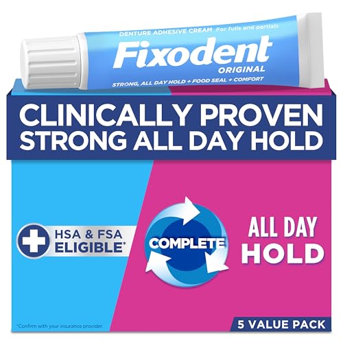 Fixodent Original Secure Denture Adhesive Cream for Full and Partial Denture Wearers, 2.4oz (Pack of 5)