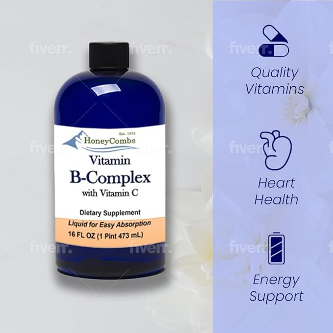 HoneyCombs Vitamin B Complex Drops – Liquid Supplement with Vitamin B1, B2, B3, B5, B6, B7, B9, B12 & Vitamin C – Super B Complex Vitamins – Alcohol-Free Liquid Vitamin Supplement, 16 Fl Oz.