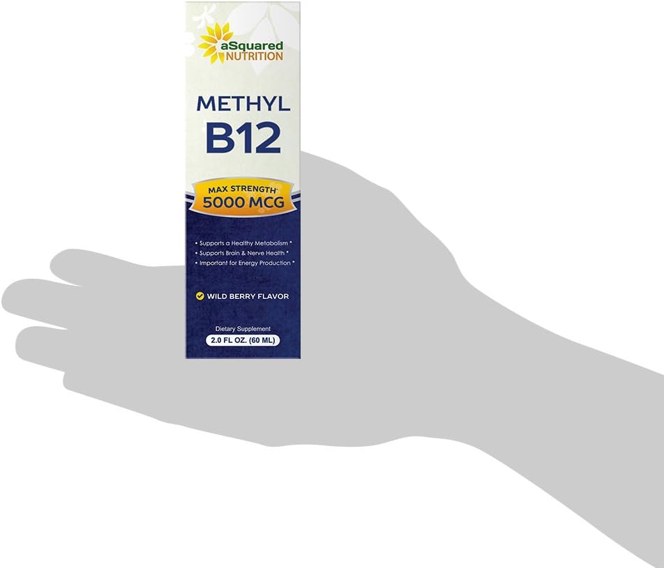 aSquared Nutrition Vitamin B12 Sublingual Liquid Drops - 5000 MCG Supplement with Methylcobalamin (Methyl B-12) - Max Absorption B 12 to Increase Energy - Vegan Friendly - 2 fl oz