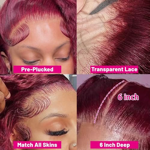 99j Burgundy Wig Human Hair 13x6 Deep Wave Lace Front Wigs Human Hair 180 Density Red Colored Wigs Human Hair for Black Women Burgundy Deep Curly Lace Frontal Wigs (30 Inch)