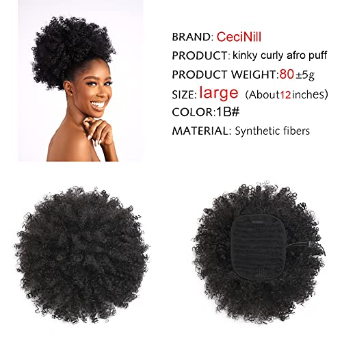 Afro Puff kinky curly Drawstring Ponytail Extension for Women Synthetic Short Afro Kinkys Curly Afro Bun Extension Hairpieces Updo Hair Extensions with Two Clips(1B)