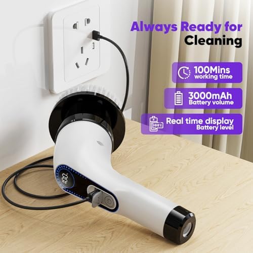 Powerful Electric Spin Scrubber Cordless — 3000mAh Cordless Bathroom Scrubber with 2 Speeds + 7 Brush Heads + 1 Wall Hanger + 3 Crevice Tools — Bathroom Cleaning Brush. Electric Shower Scrubber