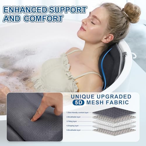 Full Body Bath Pillow for Tub - Extra Long & Thick Tub Pillow with Head, Back & Lumbar Support, 168 Non-Slip Suction Cups, Soft 5D Mesh Spa Cushion, Fits All Tubs-Gift for Soaking(Gray)