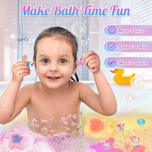 Mermaid Bath Bombs for Kids with Surprise Toys Inside, 8 Pcs Organic Natural Bubble Bath Bombs for Girls,Christmas Birthday Gift for 3 4 5 6 7 8 Year Old Girl,Princess Bath Bomb Kit with Mermaid Toys