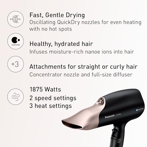 Panasonic Nanoe Salon Hair Dryer with Quick-Dry Oscillating Nozzle, Diffuser Attachment for Curly, Wavy Hair, 3-Speed Heat Setting for Easy Styling & Healthy Hair, EH-ANA6HN (Black/Pink Gold)