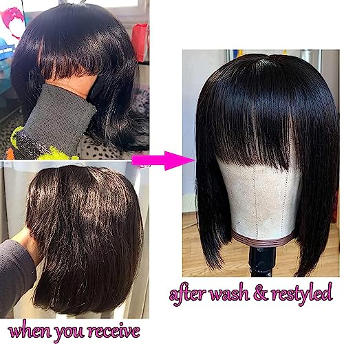 Rebasar Short Bob Wigs Human Hair 8 Inch Glueless Wear and Go Bob Wig With Bangs Human Hair Wigs for Black Women Brazilian Straight Hair No Lace Front Natural Black Wig