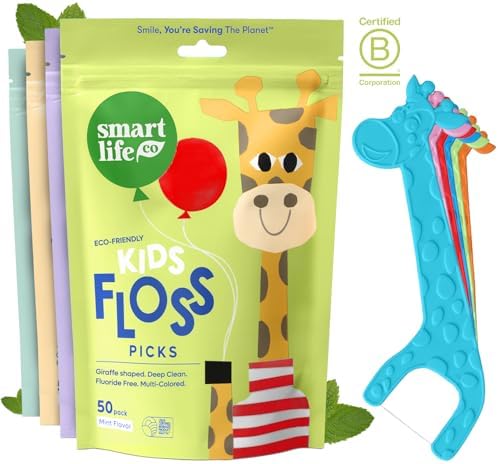 SmartLifeco Biodegradable Kids Flossers - Fluoride Free & Plant Based | Eco Friendly Dental Floss Picks for Children | Fun Animal Flossing Sticks for Toddlers Teeth | Compostable (200 Pack, Mint)