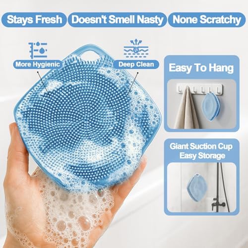 Silicone Body Scrubber, Gentle Texture Exfoliating Body Scrubber for Men and Women On Sensitive Skin, Soft Scrubber Produces Rich Form and Builds Up Lather, Getting a Deep Skin Clean (Blue)