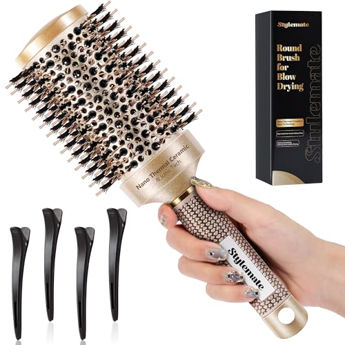 Round Brush for Blow Out, Nano Thermal Ceramic & Ionic Tech, 2.1 Inch Barrel, Boar Bristles, Roller Brush for Blow Drying and Styling, Gold, Hair Brush for All Hair Types