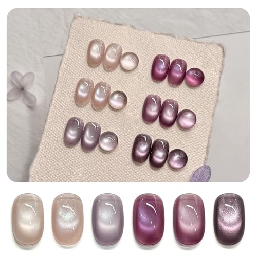 GAOY Purple Cat Eye Gel Polish Kit with Magnet, 6 Colors Glitter Holographic Nail Polish Set, UV Cure Gel for DIY Manicure at Home