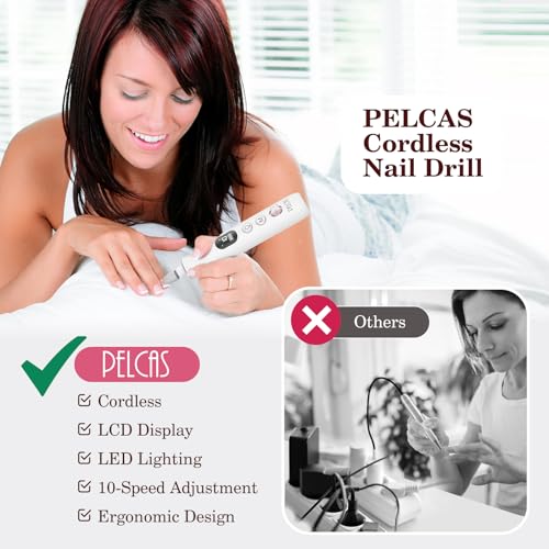 PELCAS Electric Nail File, 10 Speeds Cordless Nail Drill with LED Light, Portable Manicure and Pedicure Kit, Nail Grinder with LCD Screen for Human, Pet, Thick Toenails, Natural & Acrylic Nails