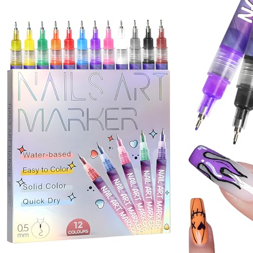 Fine Tips 3D Nail Art Pens, 12 Colors 0.5 MM Nail Marker Pens Nail Point Graffiti Dotting Drawing Painting Liner Pen for Home Salon Quickly Dry Nail Art