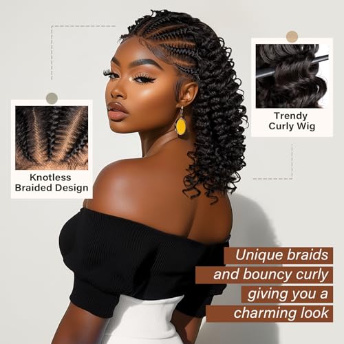 PROTEA Braided Wigs for Black Women, Lightweight Synthetic Handmade Braids Wig with Baby Hair, Braid Lace Wig with Curly End, 16 Inch #2 Natural Color