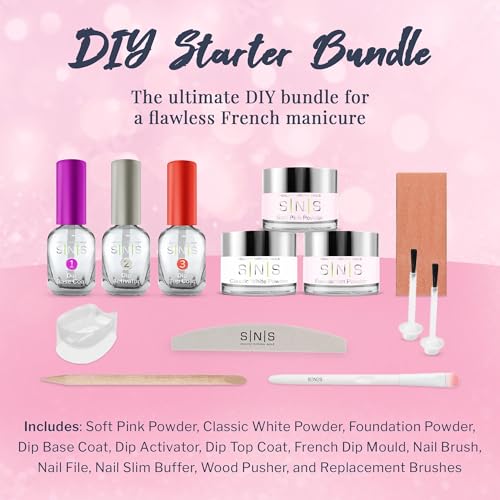 SNS Nail Dip Powder & Base Coat Nail Polish, Dip Powder Starter Kit (Hot Pink & Red) - Includes Foundation Powder, Dip Activator & Top Coat, Replacement Brush, Wood Pusher, Nail File & French Dip Mold