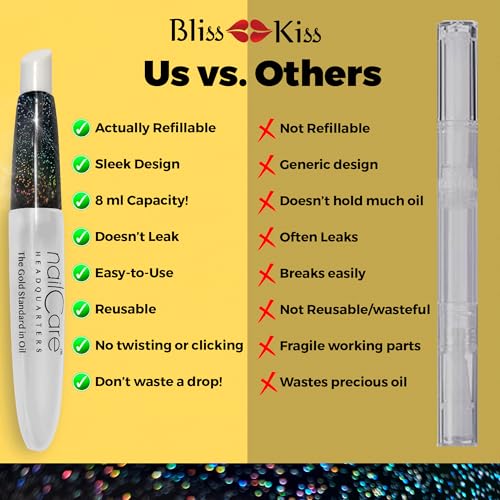 Nail Care Headquarters Refillable Holographic Cuticle Oil Pen for Nails - Empty Holo Squeeze Nail Oil Pen with Brush from by Bliss Kiss 3-Pack