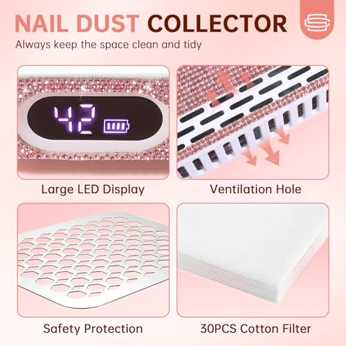 Nail Dust Collector, Rechargeable Dust Collector Nail Tech, Powerful Vacuum Fan Vent Dust Collector Extractor Dust Suction Machine for Acrylic Nails Polishing, Nail Salon&Home, Pink