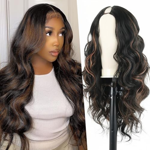 Long V Part Body Wavy Wig With Black With Highlight Brown Upgrade U Part Synthetic Water Wavy Wigs for Black Women Full Head Clip In Hair Glueless Synthetic Wigs (Black Mix Brown)