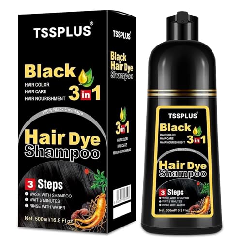 TSSPLUS Black Hair Dye Shampoo, 500ml - Organic Natural Hair Color Dye Shampoo for Women & Men, Instant Gray White Hair Cover, Plant Essence, Semi-Permanent