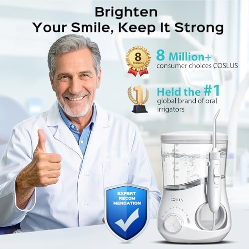 COSLUS Professional Water Flosser for Teeth: 12 Pressure Settings Electric Dental Pick for Tooth Cleaning, Sensitive Gums, Braces, Oral Care - Home Use, 4 Jet Tips for Multiple Users, Family, White
