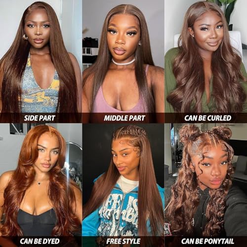 Cypha 28 Inch Chocolate Brown Lace Front Wigs Human Hair Pre Plucked 13x6 Straight Lace Front Wigs Human Hair 180% Density Colored #4 Light Brown Glueless Wig HD Lace Frontal Wigs for Women