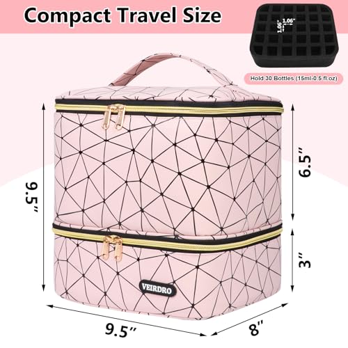Nail Polish Organizer Bag Holds 30 Bottles (15ml/0.5 fl.oz)& Nail Lamp, Portable Travel Nail Kit Storage Carrying Case, Double Layer Nail Supplies Holder Bag PU Leather Women (Baby Pink)