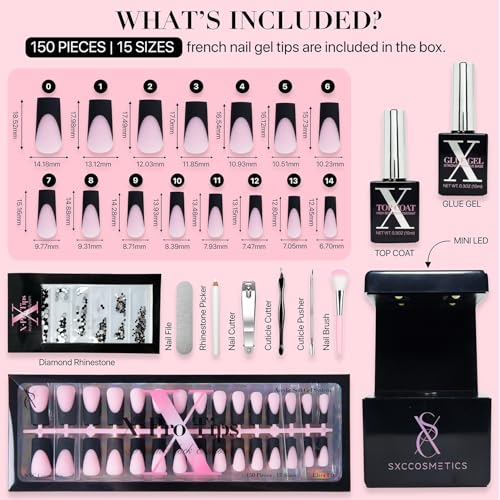 SXC Cosmetics X-Pro Tips French Tip Press on Nails – Medium Square French Black Edition (BLACK117KIT-M Square)