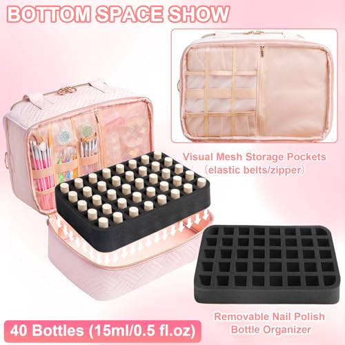 Nail Polish Organizer Bag Holds 50 Bottles (15ml/0.5fl.oz)& Nail Lamp, Soft Velvet Nail Kit Storage Carrying Case with Shoulder Strap, Double Layer Nail Supplies Organizer Handbag Women (Pink)