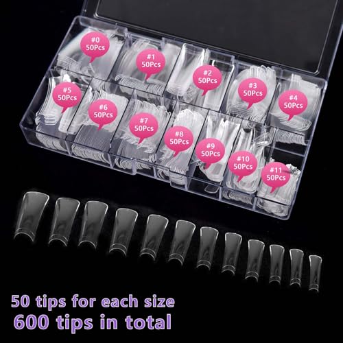 Laza 600pcs Long Duck Nail Tips 12 Sizes Box-packed Clear Duck Nails Half Cover Wide Nail Tips French False Nail Tips for Acrylic Nails Extension Tips — 41MM