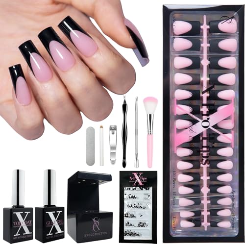 SXC Cosmetics X-Pro Tips French Tip Press on Nails – Medium Square French Black Edition (BLACK117KIT-M Square)