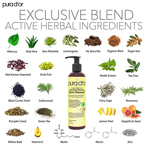 PURA D'OR Anti-Thinning Biotin Shampoo and Conditioner Natural Earthy Scent, CLINICALLY TESTED Effective Results, Herbal Blend Thickening Products For Women & Men, Original Gold Label Set, 8oz x2