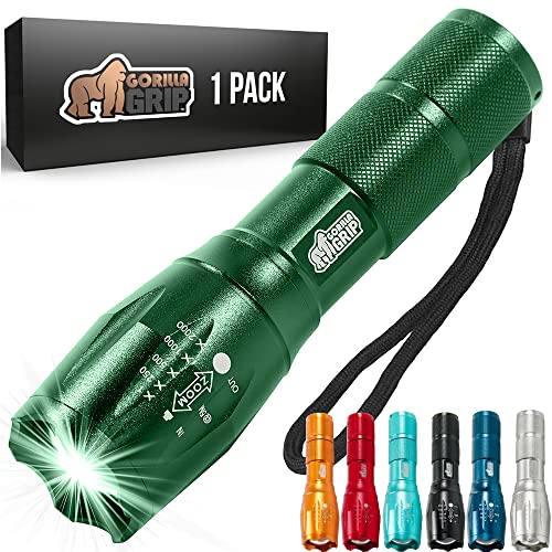 Gorilla Grip Powerful LED 750 FT Water Resistant 5 Adjustable Mode Tactical Flashlight, High Lumens Ultra Bright Battery Life Zoom Flashlights, Small Camping Car Mini Flash Light Accessories, Green