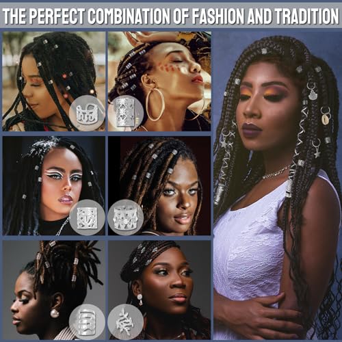 Fscwlmon 309Pcs Hair Jewelry for Women Braids,Hair Loc Cuff Coils Rings for Dreadlock Accessories,Locs Hair Tube Beads Decorations,Braid Clips Hair Charms Braids Accessories Silver