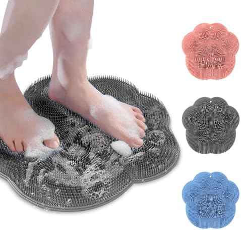 Shower Foot Scrubber Mat with Non-Slip Suction Cups, Shower Foot and Back Scrubber Mat, Upgrade Wall Mounted Foot Back Cleaning Pad Back Washer, Exfoliating Bath Wash Silicone Pad (Grey)