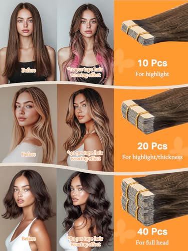 DOORES Tape in Hair Extensions Human Hair, Balayage Dark Brown to Chestnut Brown 50g 20pcs 18 Inch, Human Hair Extensions Natural Remy Straight Hair Skin Weft