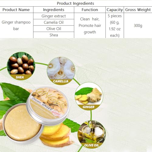Ginger Hair Regrowth Shampoo Bar, Natural Organic Ginger Shampoo Soap for Anti Hair Loss,dandruff,itching, Promotes Hair Growth, 5 Pack (2 Fl Oz each)