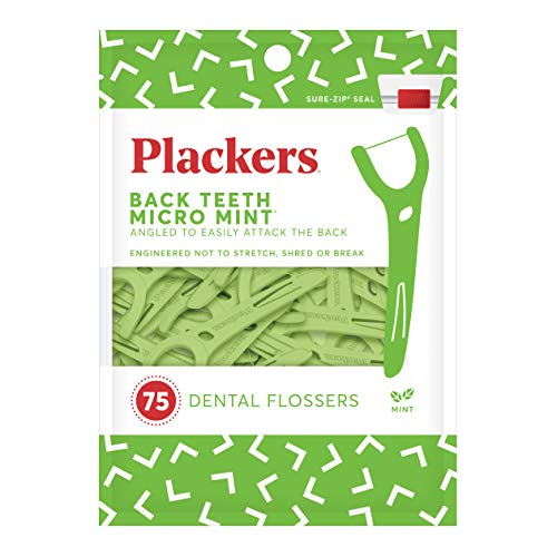 Plackers Back Teeth Micro Mint Dental Flossers, Delicious Mint Flavor, Provides Easy Access for Back Teeth, Built-in Protected Pick, Easy Storage, 75 Count, Pack of 4