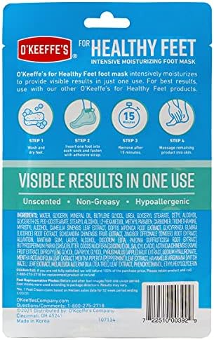 O'Keeffe's for Healthy Feet Intensive Moisturizing Foot Mask; Guaranteed Relief for Extremely Dry; Rough Feet; One Pair Single-Use Hydrating Foot Mask Socks; (Pack of 4)