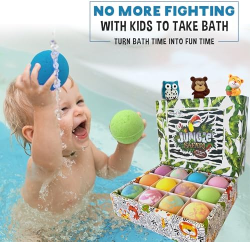 Bath Bombs for Kids with Surprise Inside, 12 Bubble Bath Fizzies with Jungle Animal Toys. Moisturizing, Gentle & Kids Safe, Rainbow Spa Bath Fizz, Birthday Gifts for Boys, Girls