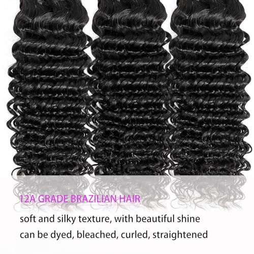 Deep Wave Bundles Human Hair 16 18 20 Inch Deep Curly Bundles 12A Grade 100% Unprocessed Brazilian Virgin Hair Wet and Wavy Bundles Double Weft Natural Black Color
