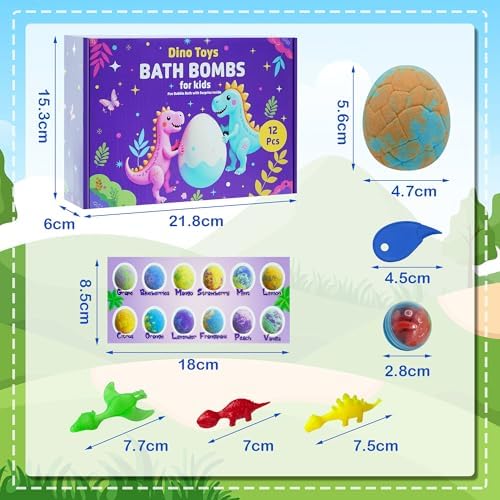 Easter Egg Bath Bombs for Kids with Surprise Inside, 12 Pack Kids Bath Bombs Gift Set for Easter Basket Stuffers, Dino Egg Bath Bomb Kit Fillers Bubble Bath Dinosaur Bath for Boys Girls Birthday