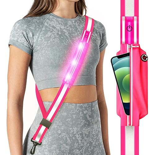 Fokia Kunbio LED Reflective Belt Sash for Walking at Night, Night Running Safety Gear High Visibility Rechargeable LED Light Up Running Belt for Runners Walkers Men Women(Pink)