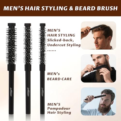 3pcs Small Round Hair Brush for Short Hair - Barrel Hair Brush for Blow Drying, Aluminum Round Brush for Bobs, Bangs, Lobs, Roots, Curling, Pixie Cuts, Straight Hair - Black
