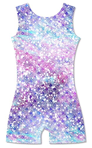 Funnycokid Gymnastics Leotards for Girls with Shorts Dance Ballet Unitard Sparkly Biketard Quick Dry, Mermaid Purple, 5-6 Years